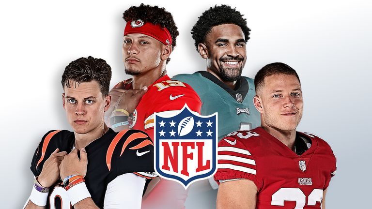A picture of Joe Burrow, Patrick Mahomes, Jalen Hurts and Christian McCaffrey in their NFL football uniforms.
