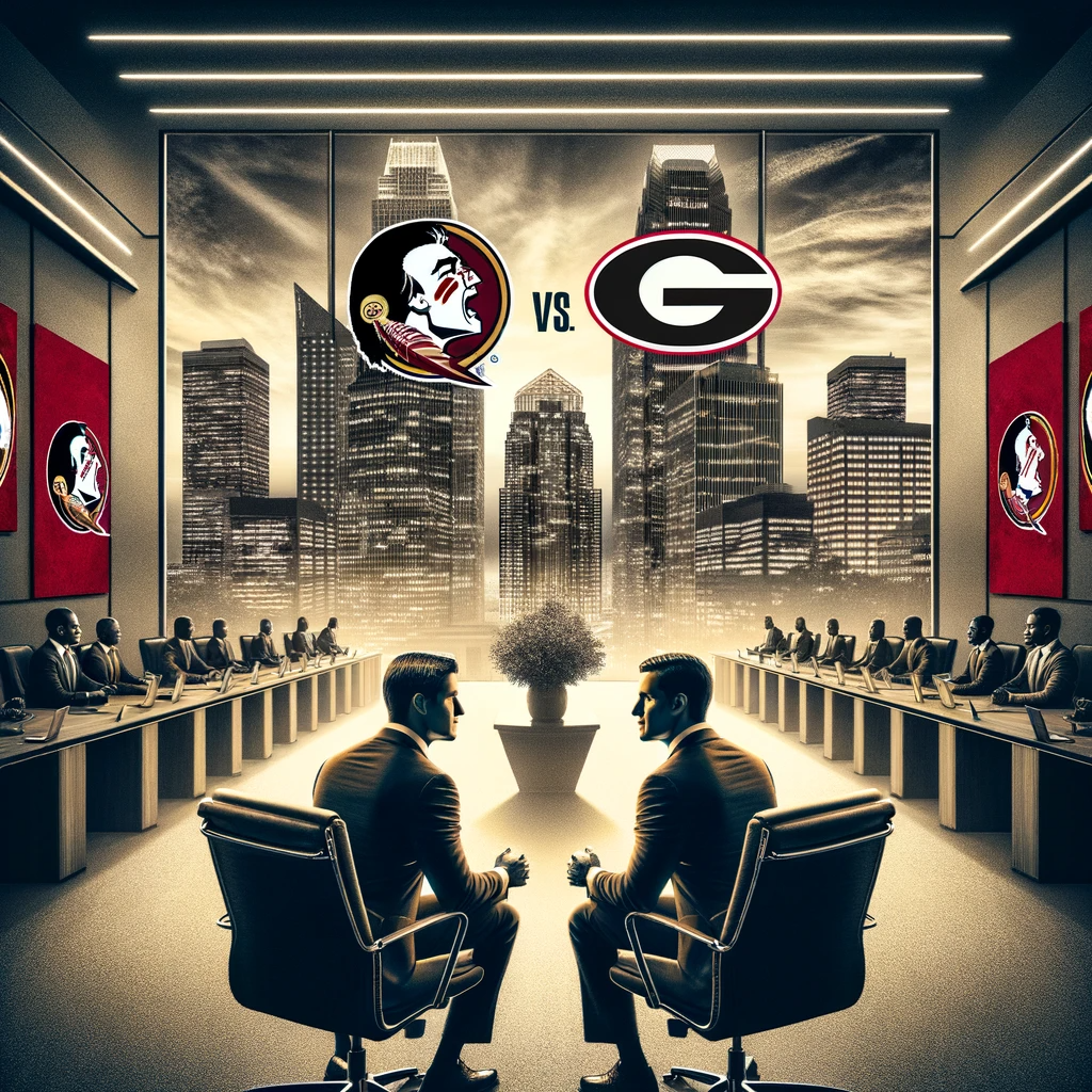 Create-an-image-that-combines-the-logos-of-Florida-State-University-FSU-and-the-University-of-Georgia-set-against-a-backdrop-that-represents-Corporate America